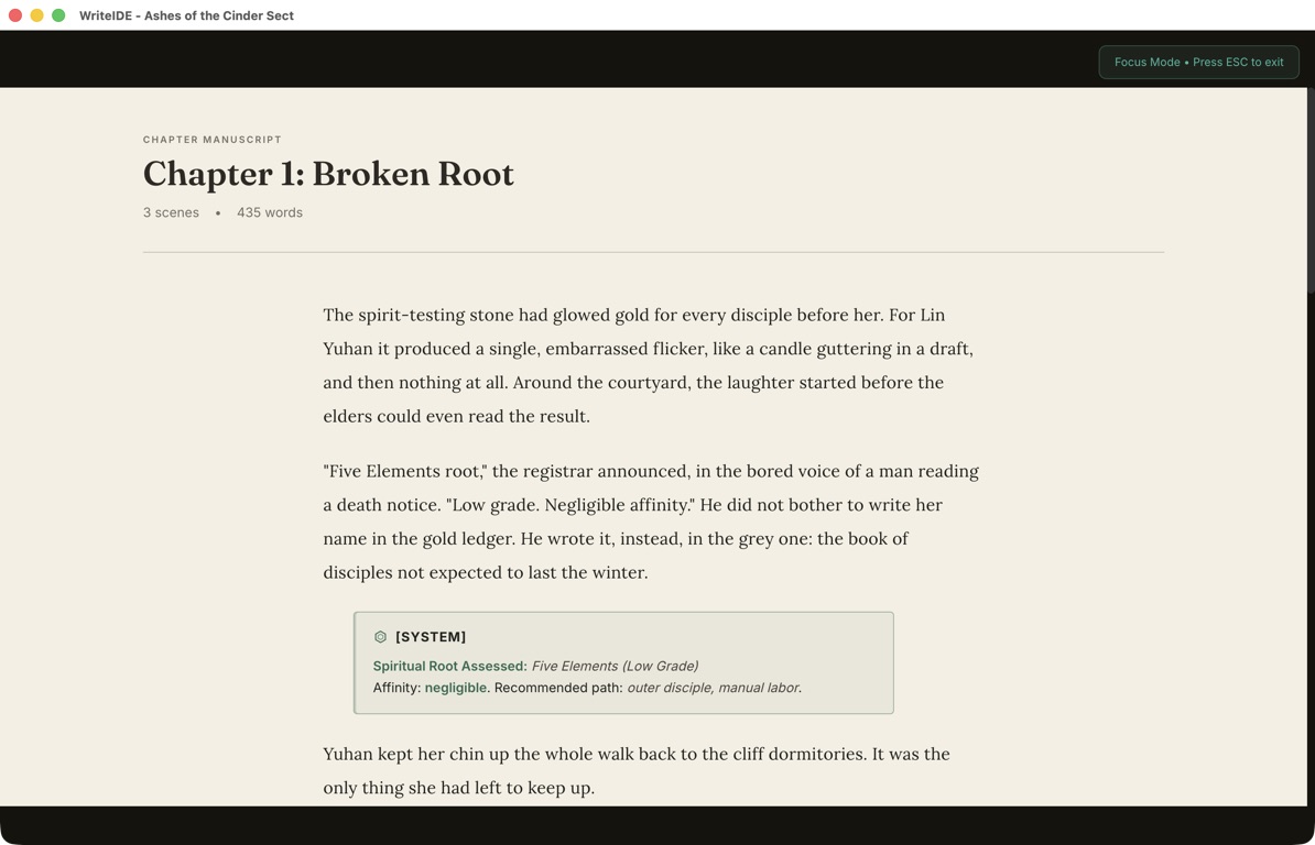WriteIDE whole-chapter Focus Mode showing manuscript prose and system messages