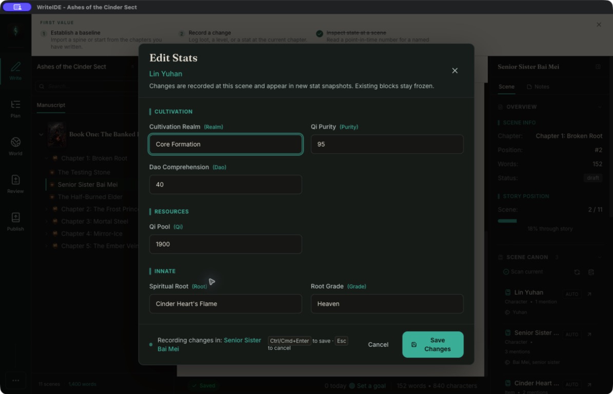 Edit Stats in Nightjade: the heading, explanation, field values, and save shortcut are readable after opening a Field List stat block.