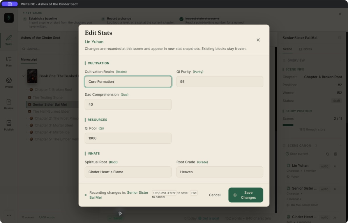 The same Edit Stats dialog in Ink & Moss. Headings, field labels, and the save hint follow the light theme as well.