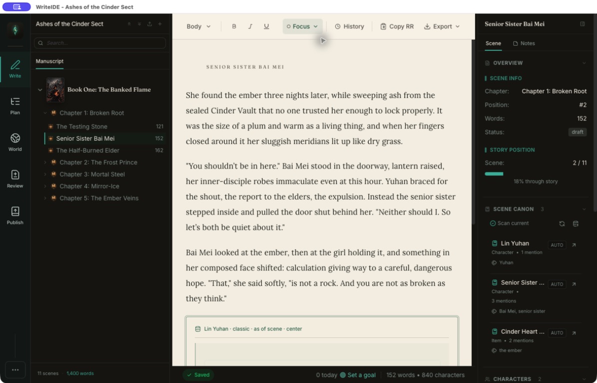 WriteIDE manuscript editor showing scene Canon records beside the prose