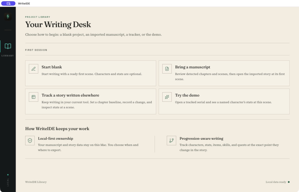 WriteIDE project library offering a blank project, manuscript import, tracker setup, or demo