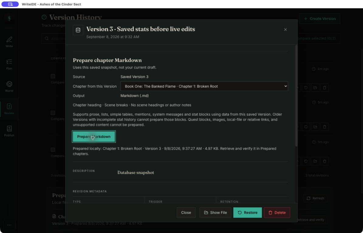 Saved chapter preparation confirmation identifying the source Version and prepared Markdown file