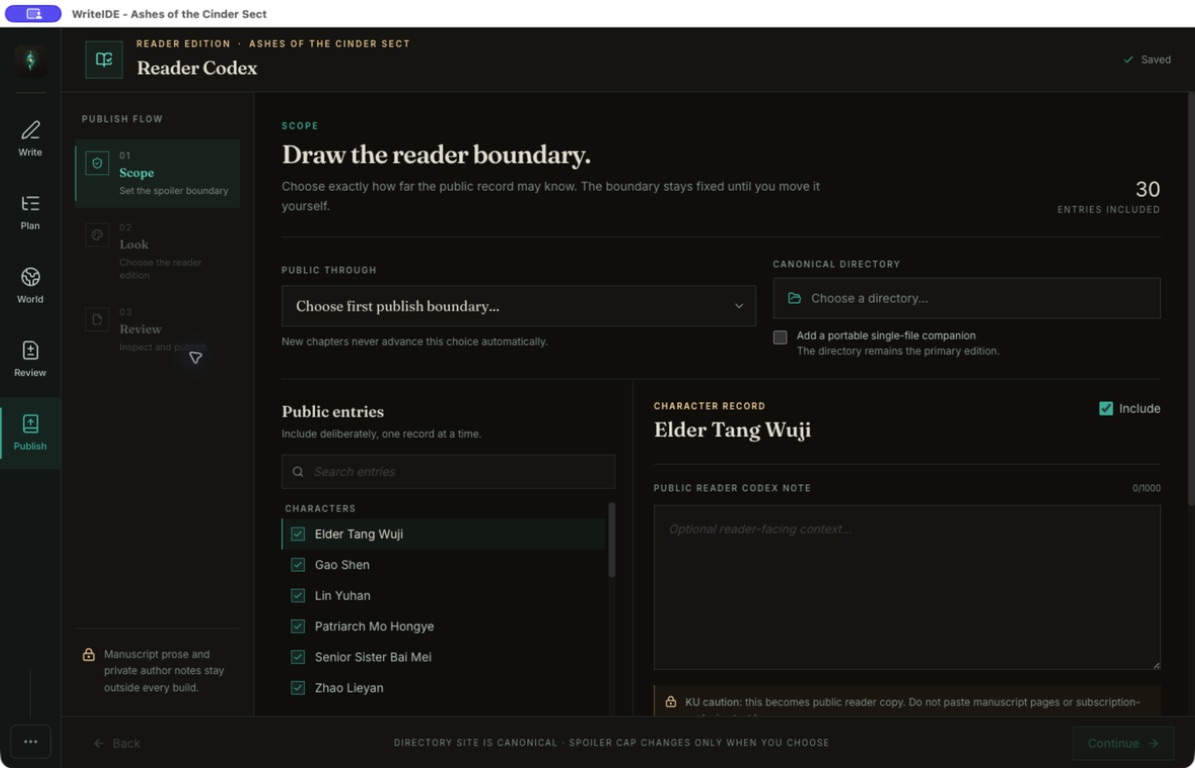 WriteIDE Reader Codex publishing workspace with spoiler-boundary controls