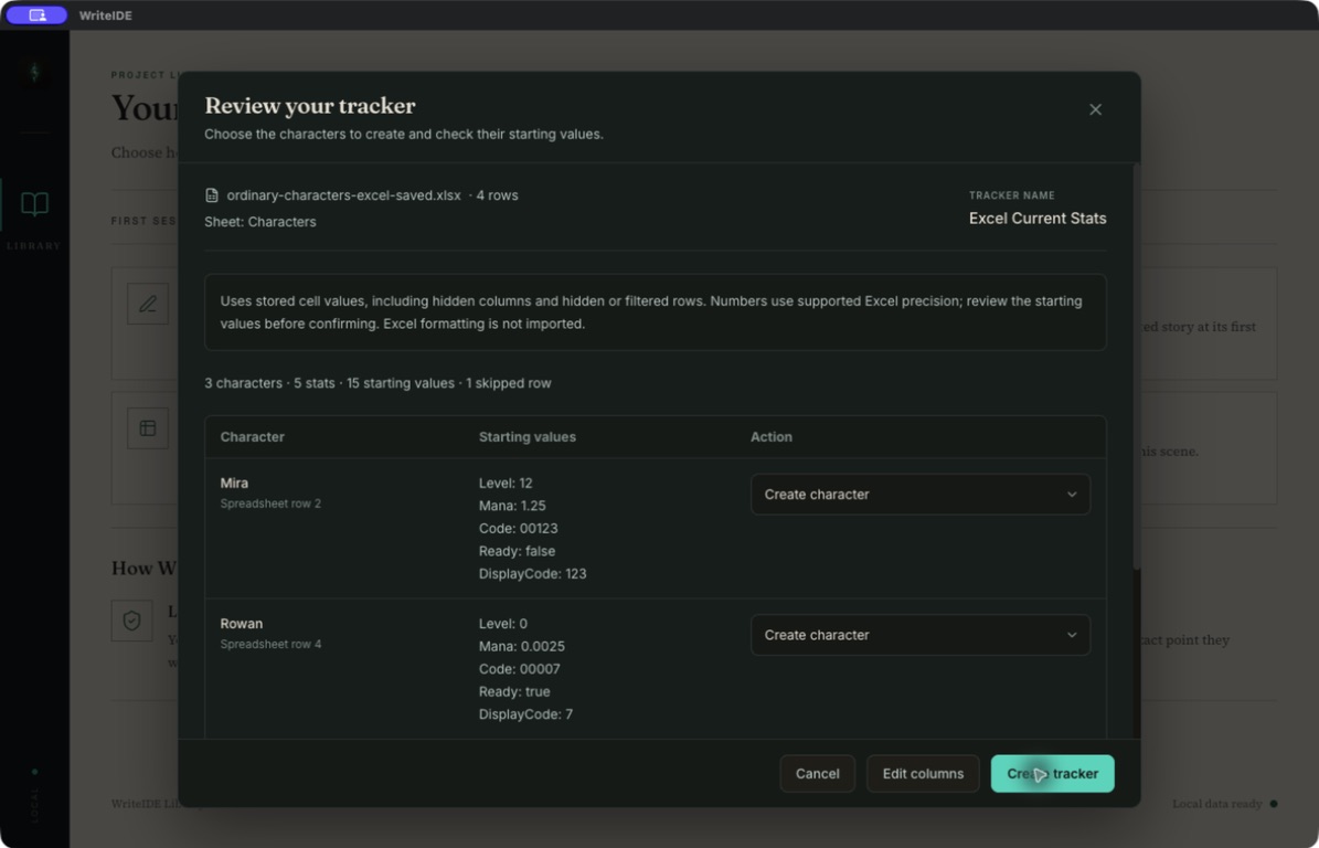 WriteIDE spreadsheet import review showing proposed tracker fields and starting values before creation