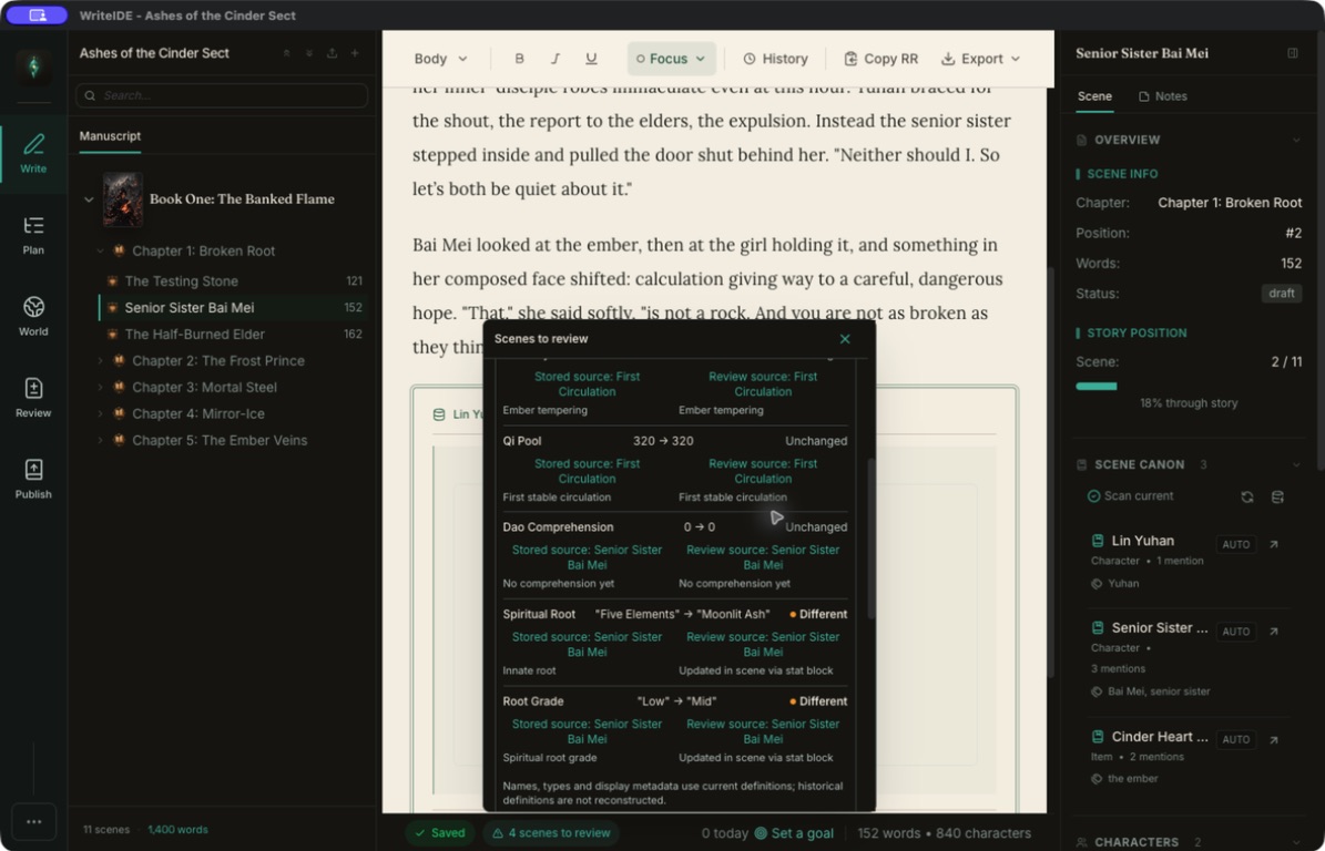 WriteIDE Scenes to review comparing recorded and current character stat values