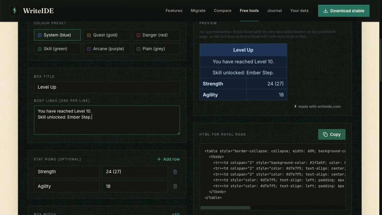 The completed Level Up example in the Blue Box Generator, with two message lines and two stat rows.
