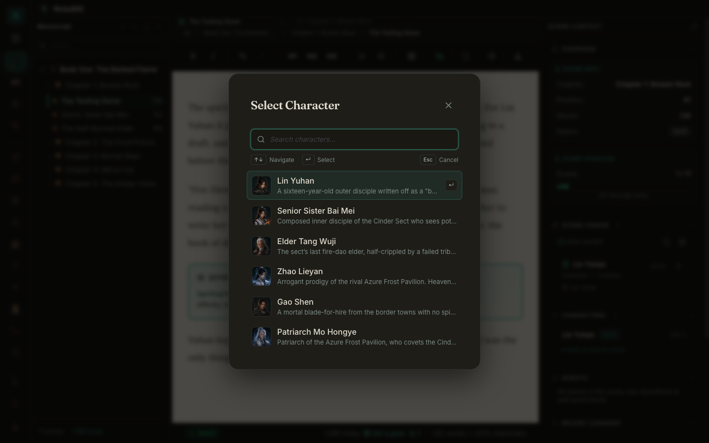 The redesigned slash-command character picker: a clean list of characters with portraits and a soft selected-row highlight