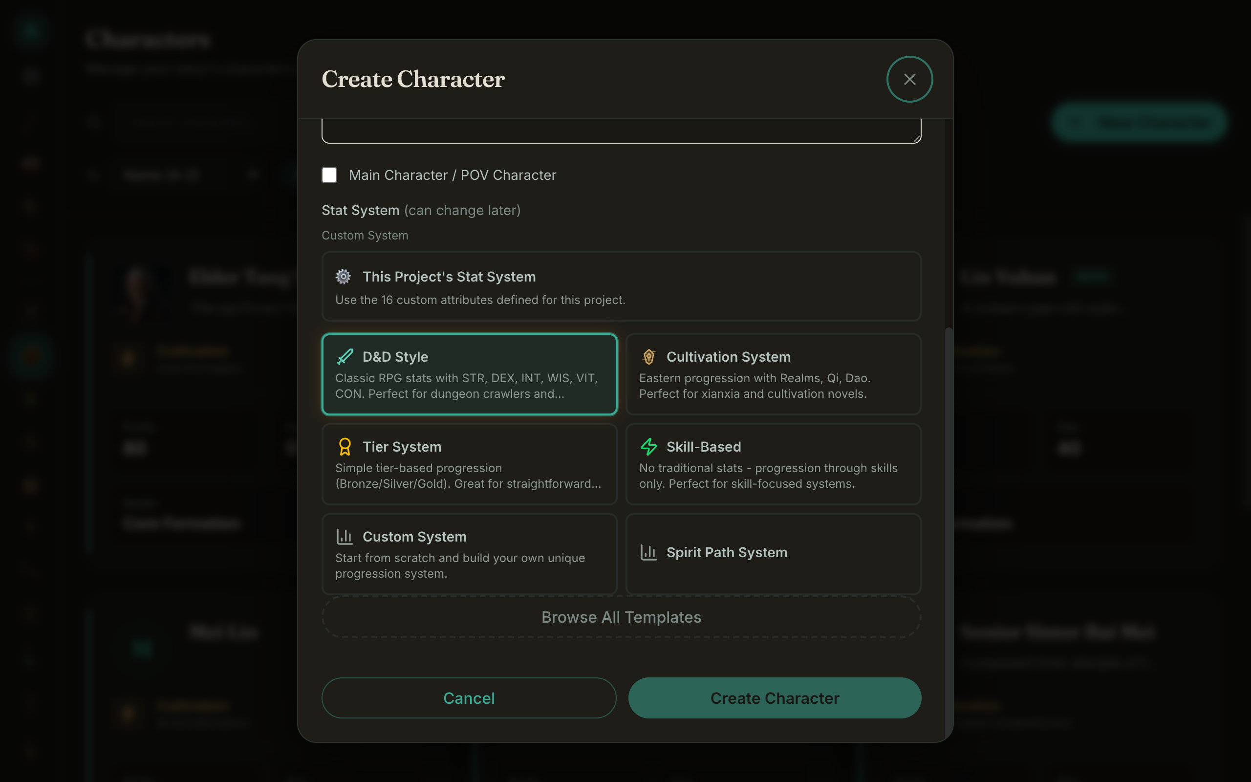The Create Character stat-system picker listing a project's own custom system
