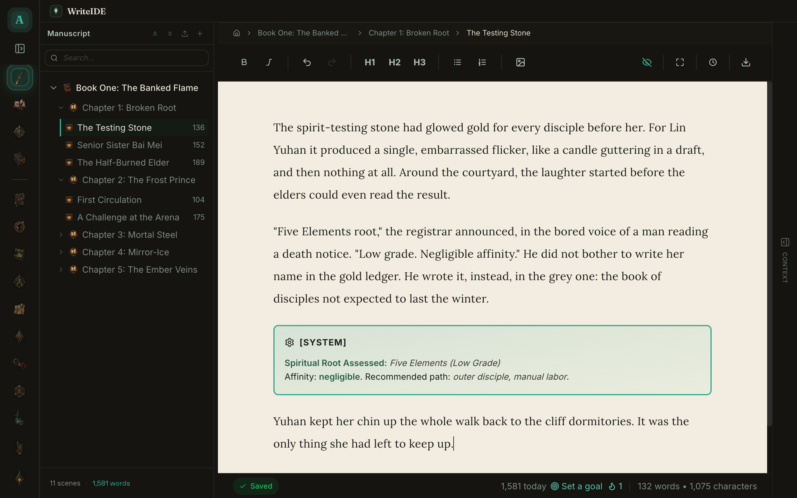 A stat block rendered directly inside the manuscript, so the database and the prose live in the same view