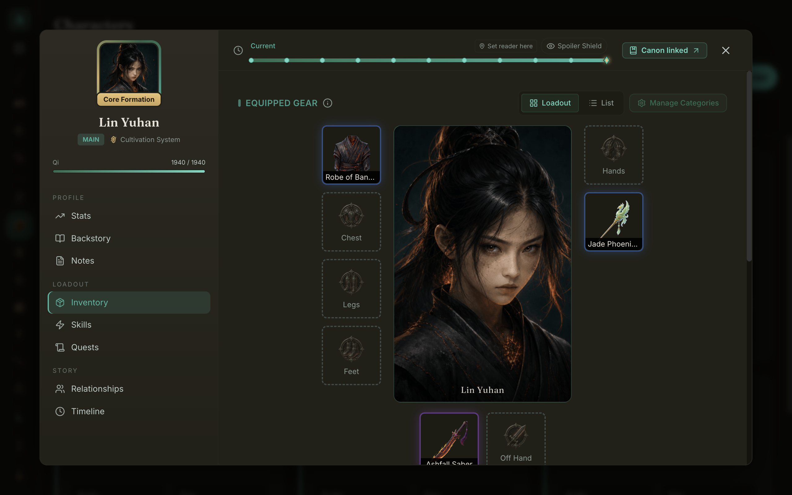 The new loadout screen: a character portrait framed by equipment slots for head, chest, legs, feet, hands, weapon, and off-hand, with the point-in-time bar across the top