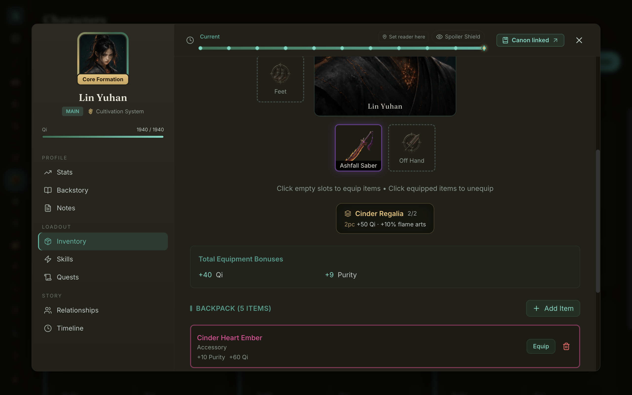 A character wearing a two-piece set, the active-set panel showing the set bonus, and the total equipment bonuses summed below the loadout