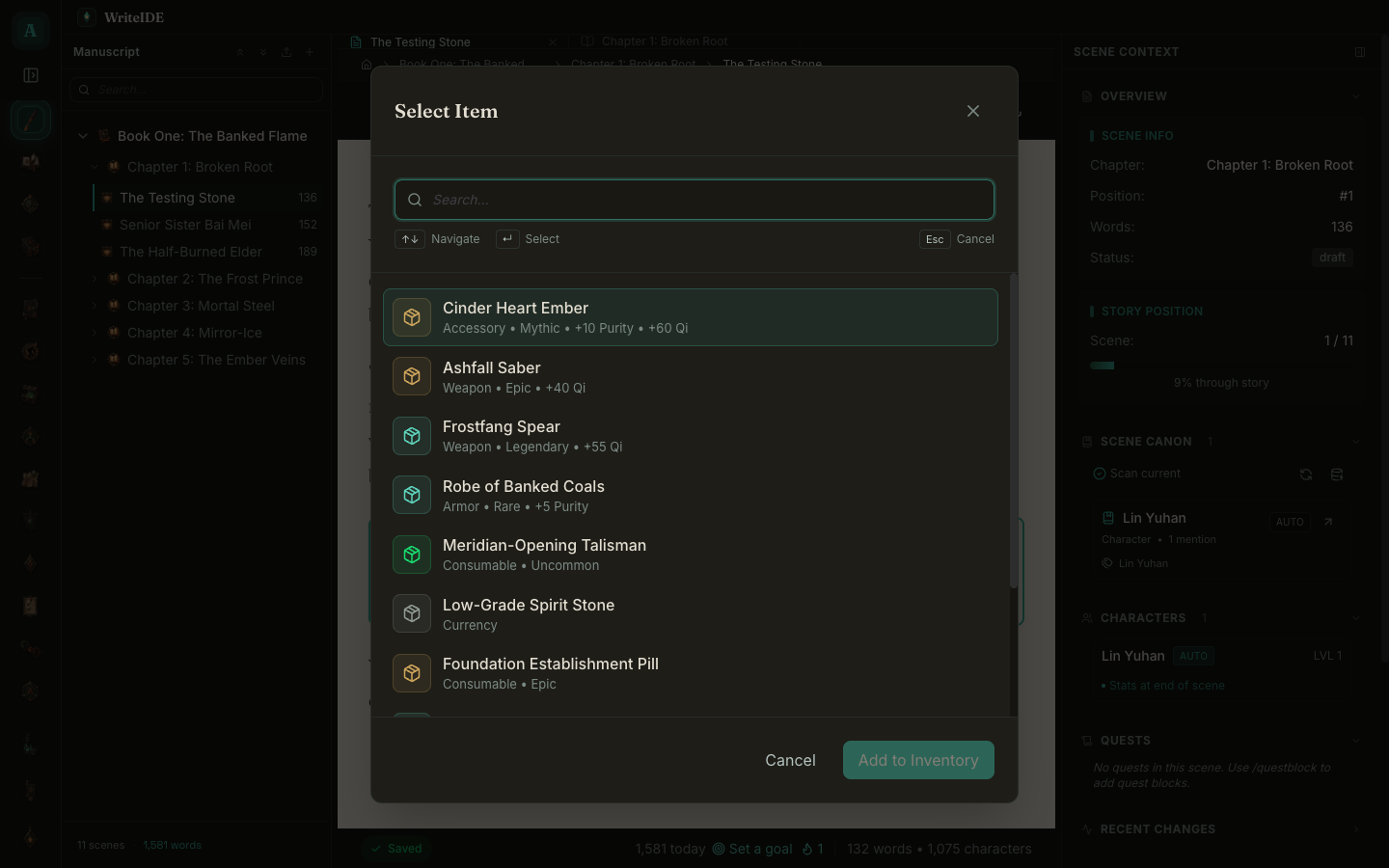 The redesigned item picker: borderless rows with a small rarity tile and a subtle selection