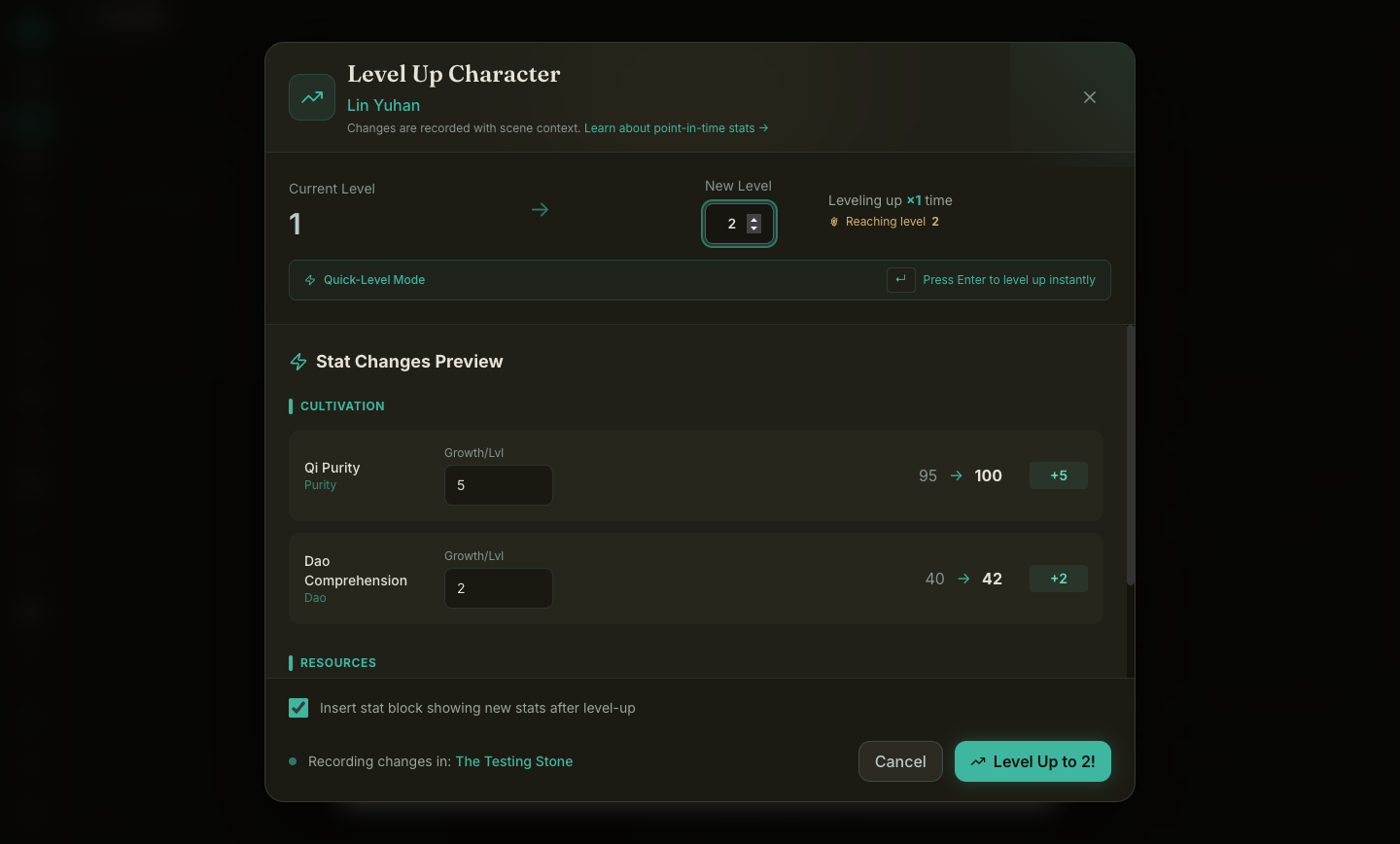 The Level Up dialog for Lin Yuhan, showing editable Growth per Level fields and a stat changes preview with before and after values