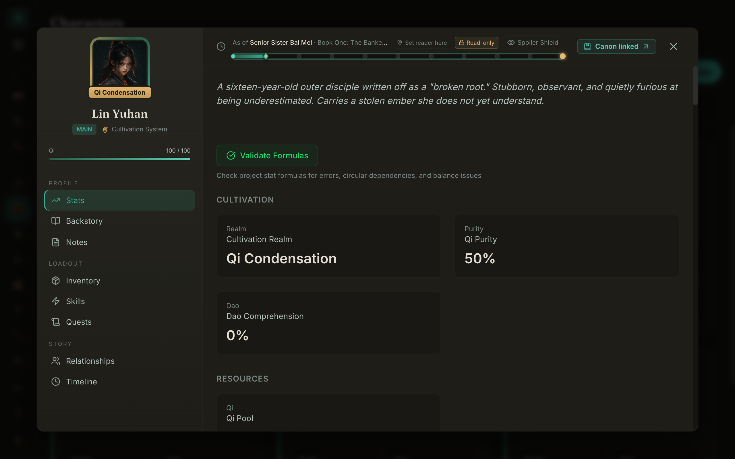 A character sheet pulled back to an earlier point in the story, showing the stats as they stood then rather than the latest values