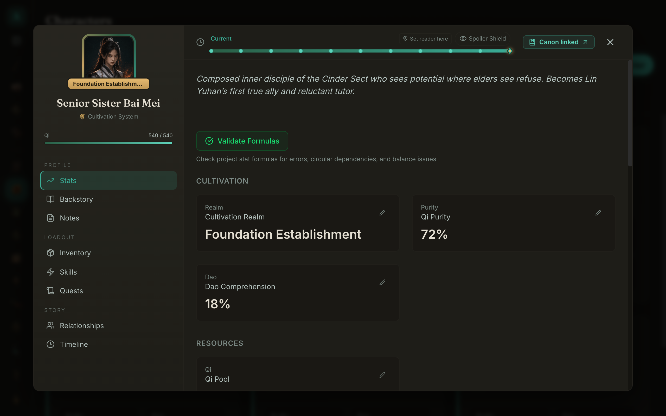 WriteIDE power curve comparison showing character progression across story position
