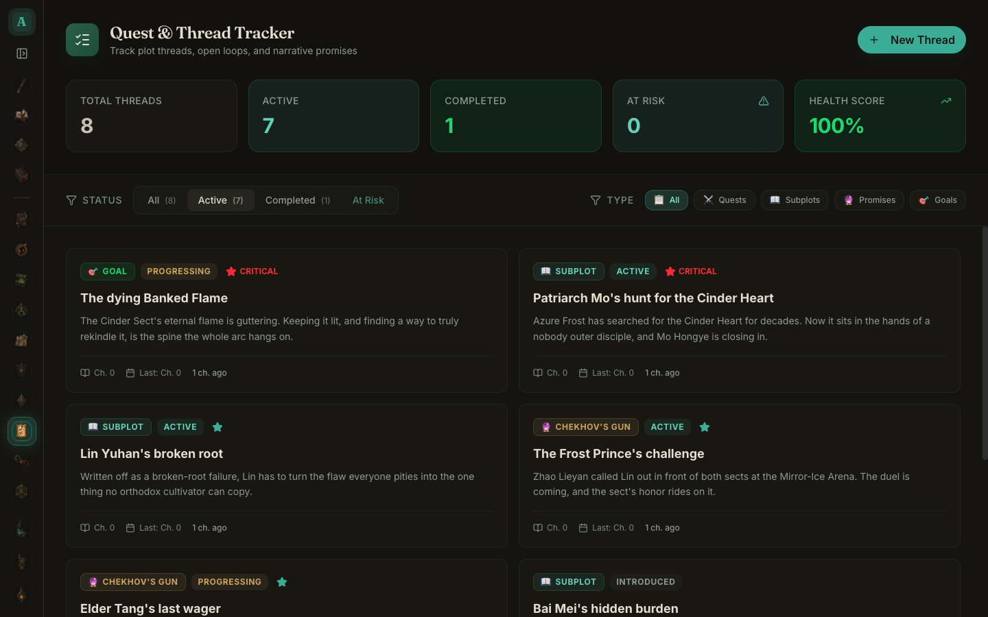 The Quest Board with eight tracked plot threads, status filters, and a deterministic health score