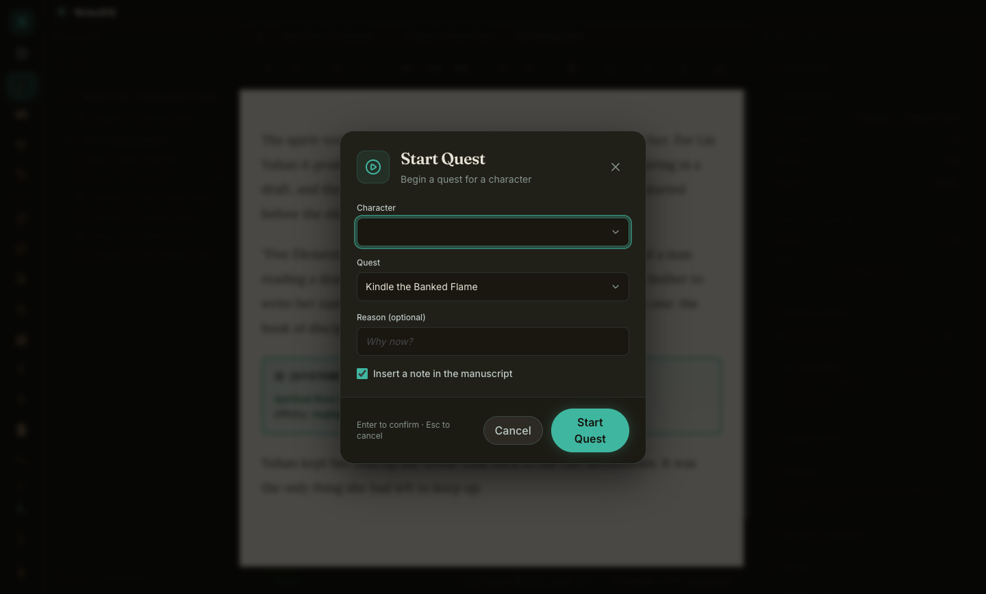 The Start Quest dialog with a character picker, quest dropdown, optional reason, and a checkbox to insert a note in the manuscript