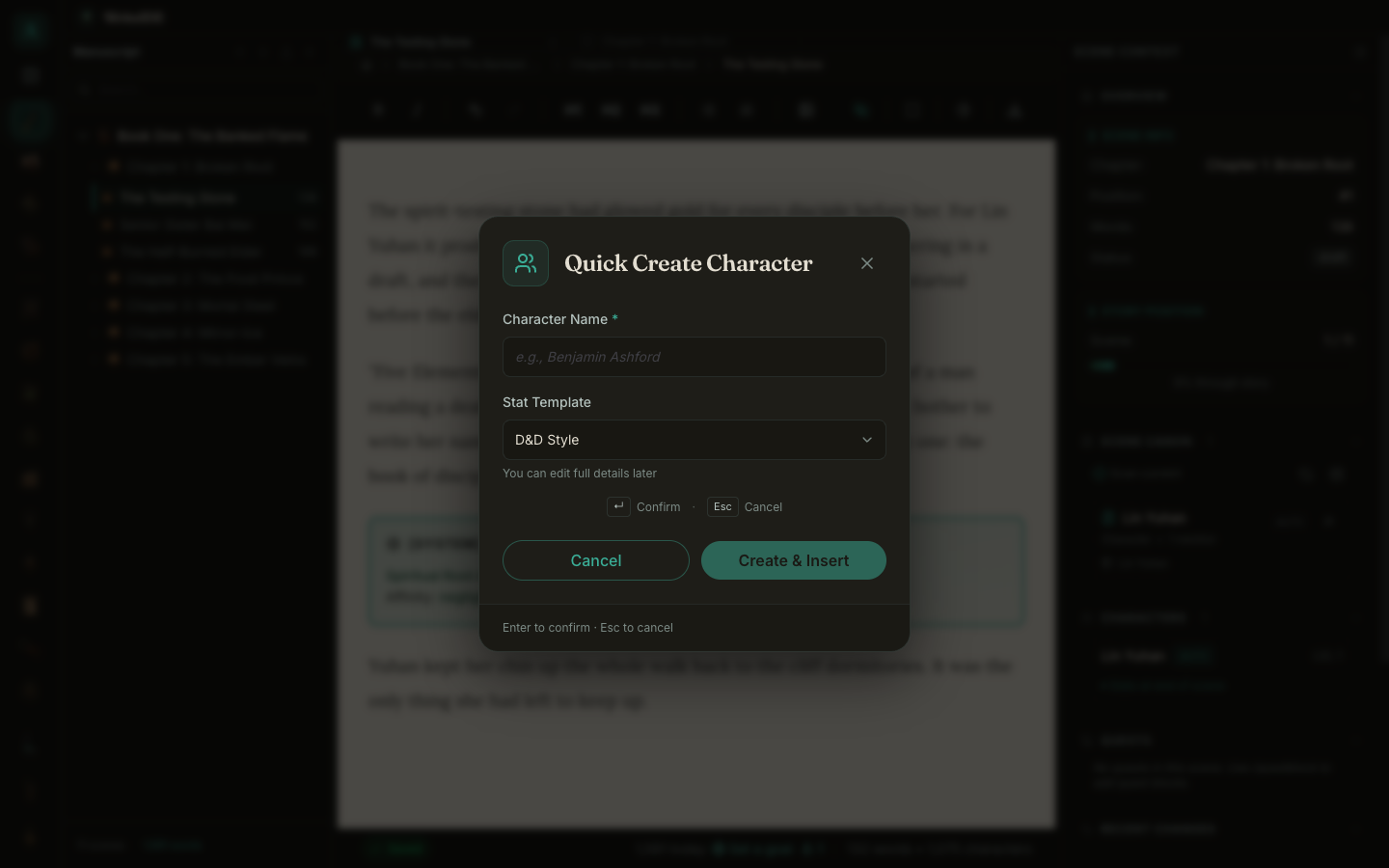 The redesigned Quick Create Character dialog using the shared themed fields