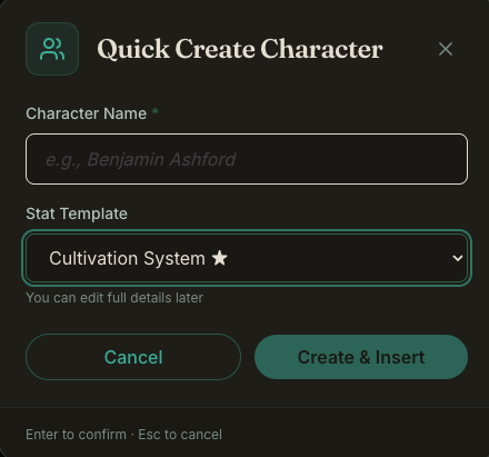 The old Quick Create Character dialog with a bright glowing dropdown ring
