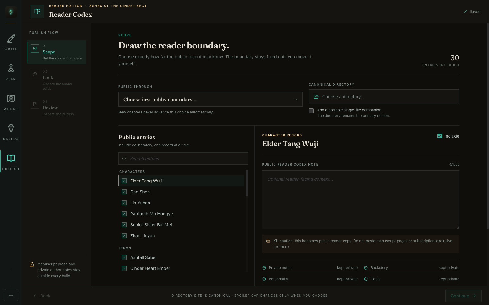 Reader Codex publishing workspace with the spoiler boundary and public entry controls