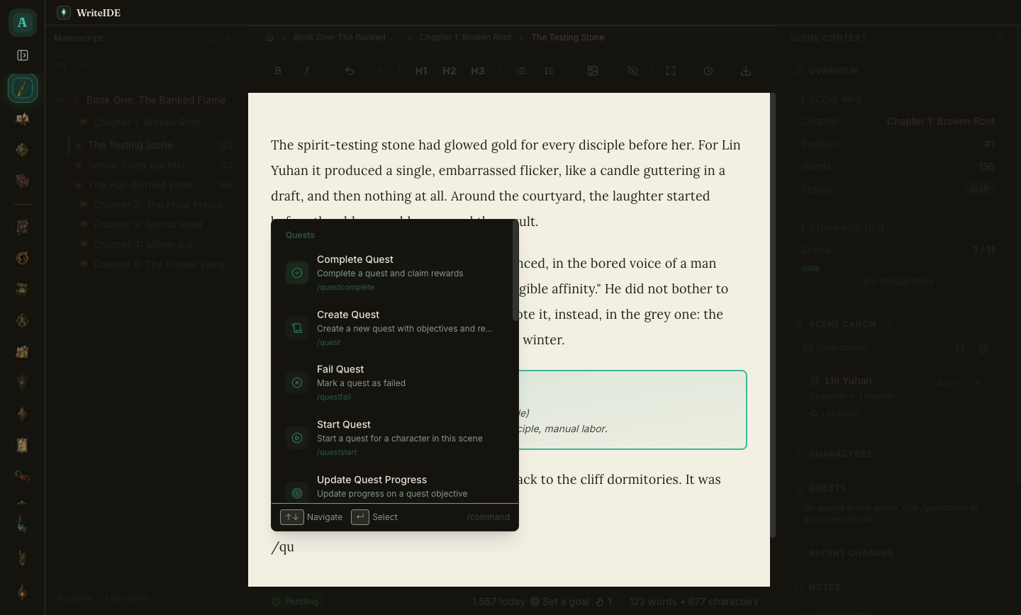 The inline slash menu filtered to quest commands: complete, create, fail, start, and update progress