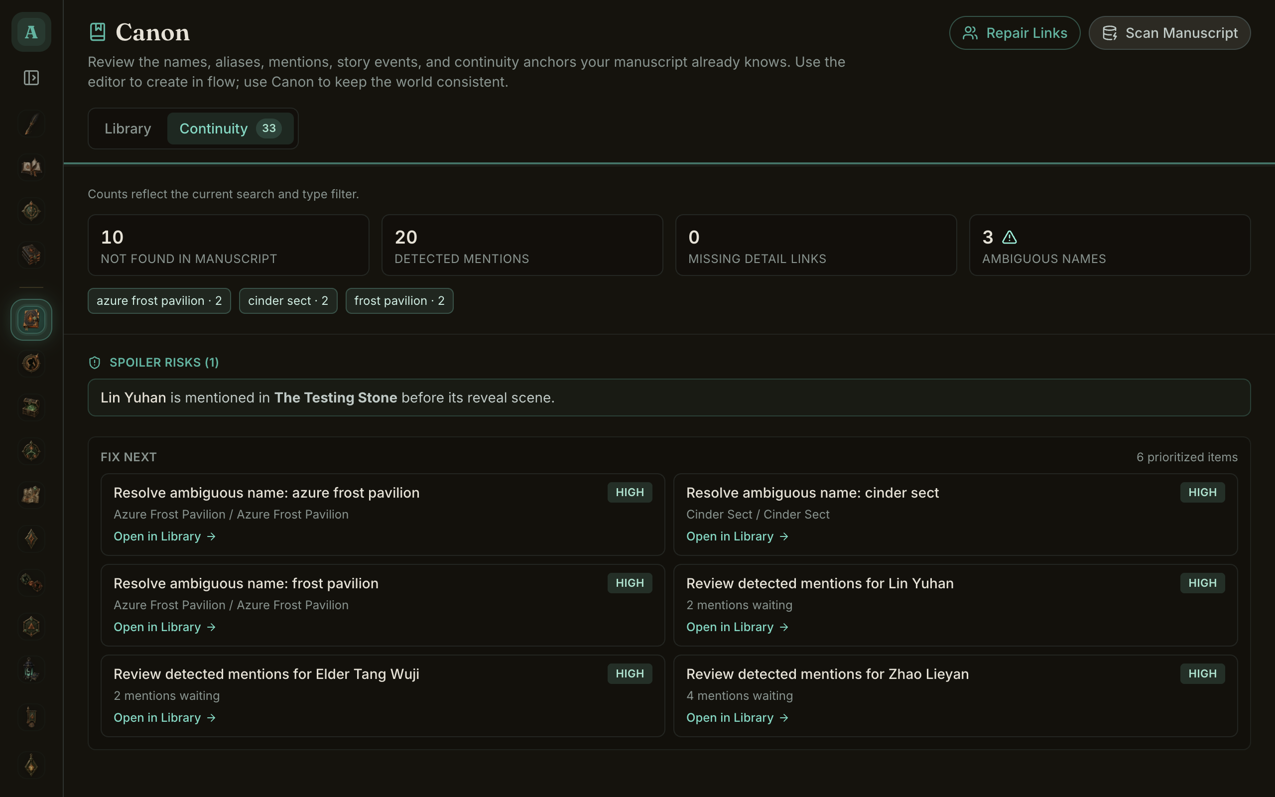 The Canon continuity panel listing a spoiler risk: a character mentioned in an early scene before its reveal scene