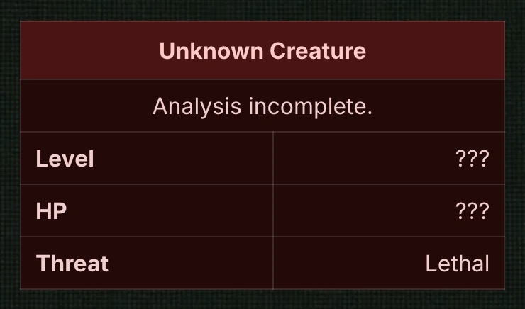 Blue Box Generator preview: a red Danger box titled "Unknown Creature" saying "Analysis incomplete", with Level and HP shown as ??? and "Threat Lethal".