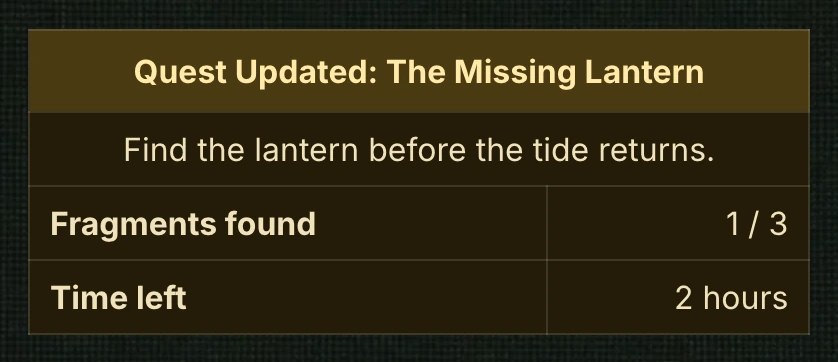 Blue Box Generator preview: a gold Quest box titled "Quest Updated: The Missing Lantern", with rows "Fragments found 1 / 3" and "Time left 2 hours".
