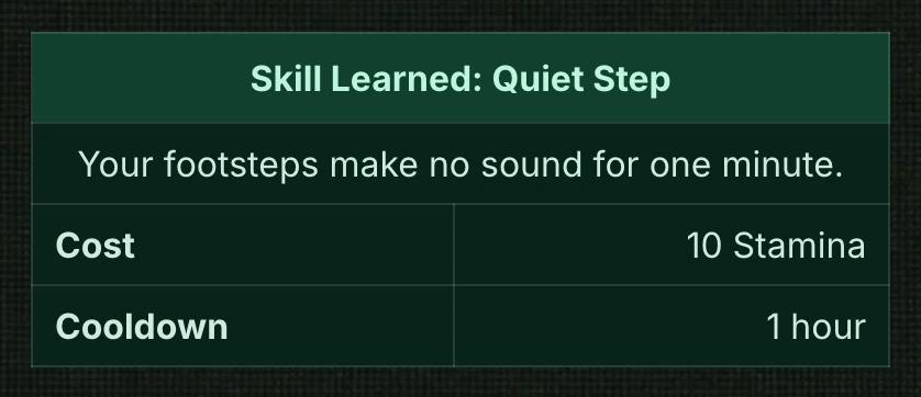 Blue Box Generator preview: a green Skill box titled "Skill Learned: Quiet Step" with a description and rows "Cost 10 Stamina" and "Cooldown 1 hour".