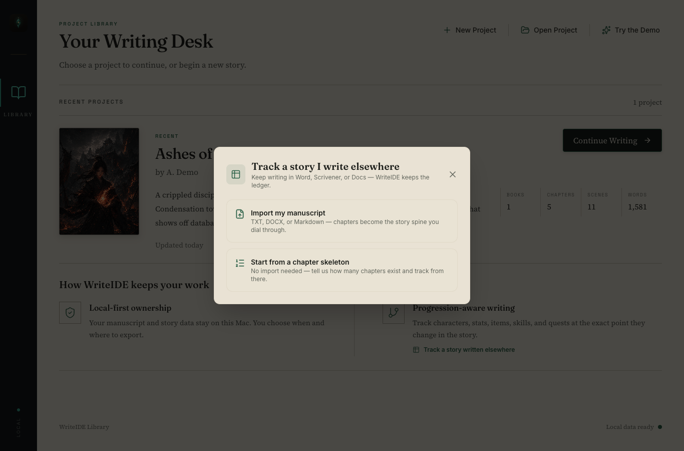 WriteIDE tracker onboarding offering to import a manuscript or build a chapter skeleton