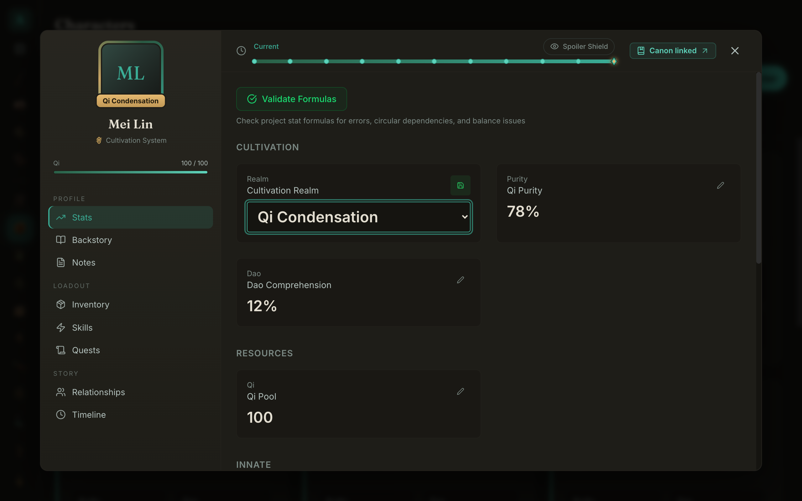 A stat being edited with a dropdown of the system's defined tiers