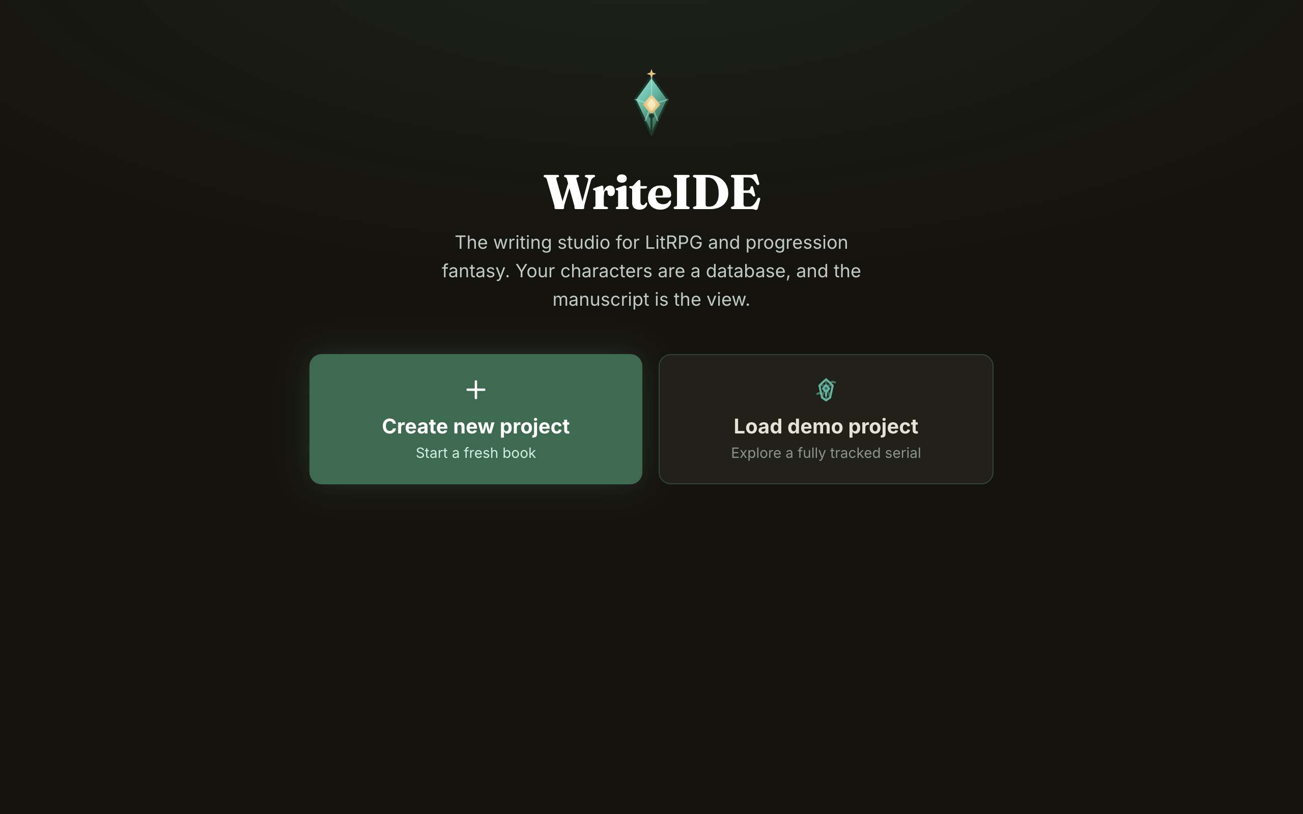 The WriteIDE welcome screen with the jade-quill brand mark, a create-new-project button, and a load-demo button