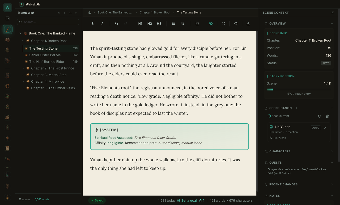 WriteIDE editor showing a manuscript beside tracked story data